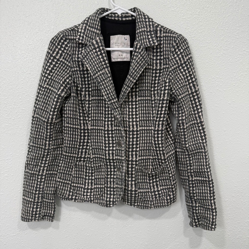 Aeropostale Womens Plaid Blazer Jacket M Black White Tweed‎ Style Button Front